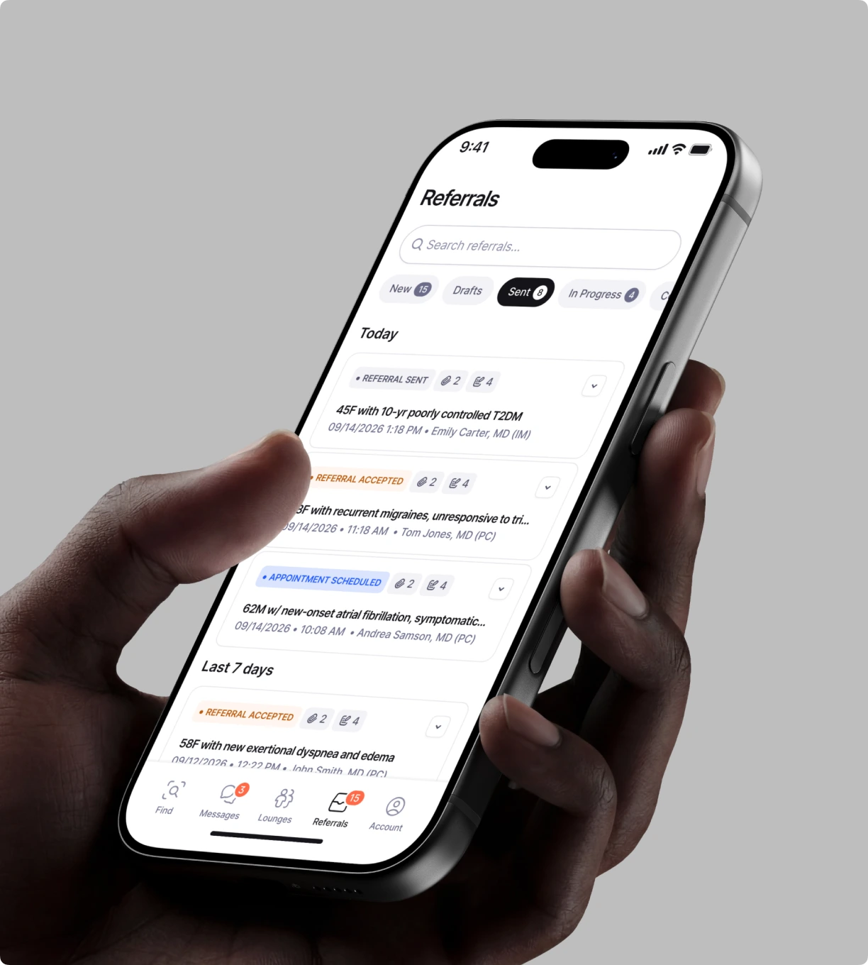 Offcall’s Referrals tab on an iPhone: sent referrals, each with its status.