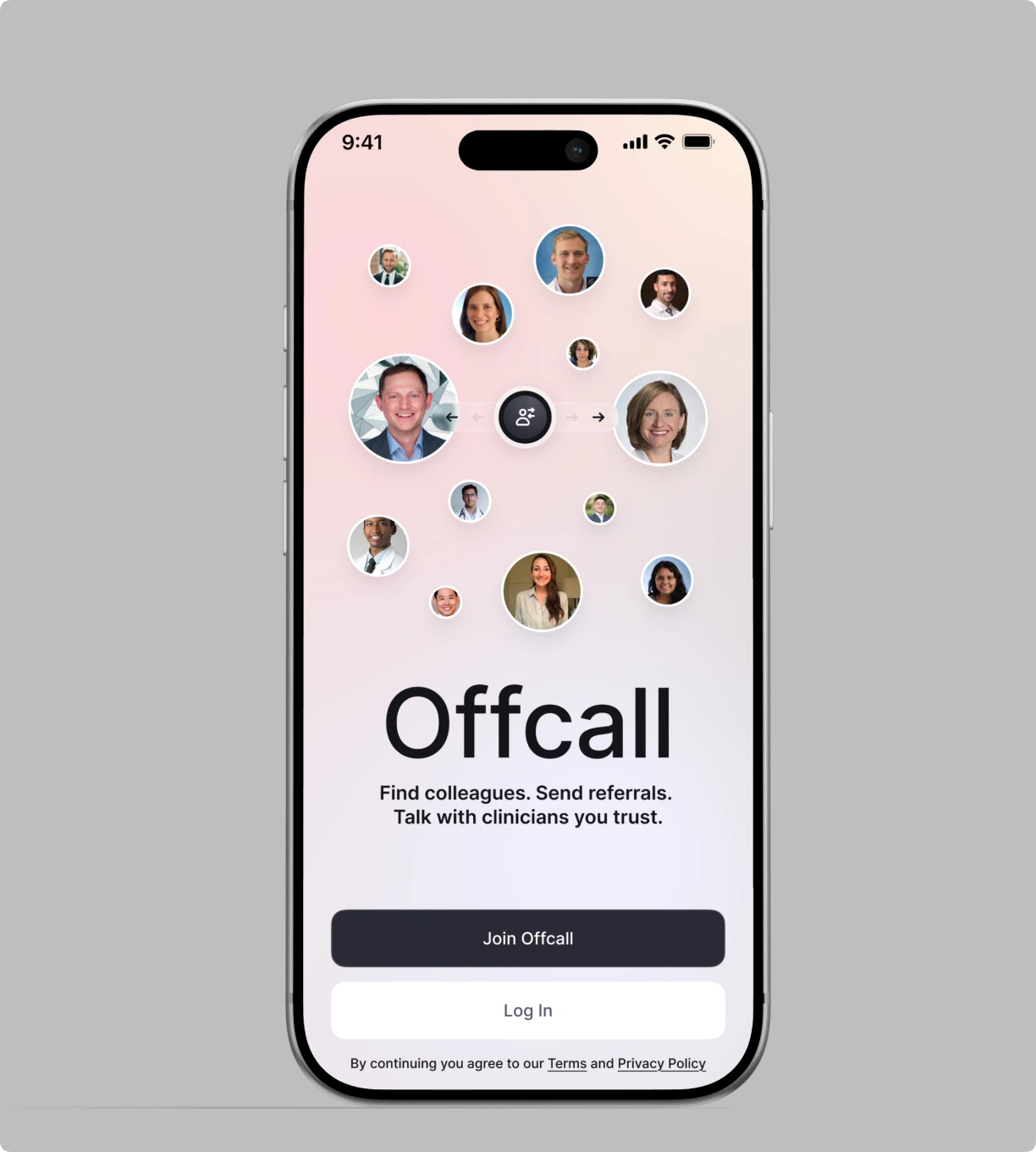 Offcall’s welcome screen: join, or log in.