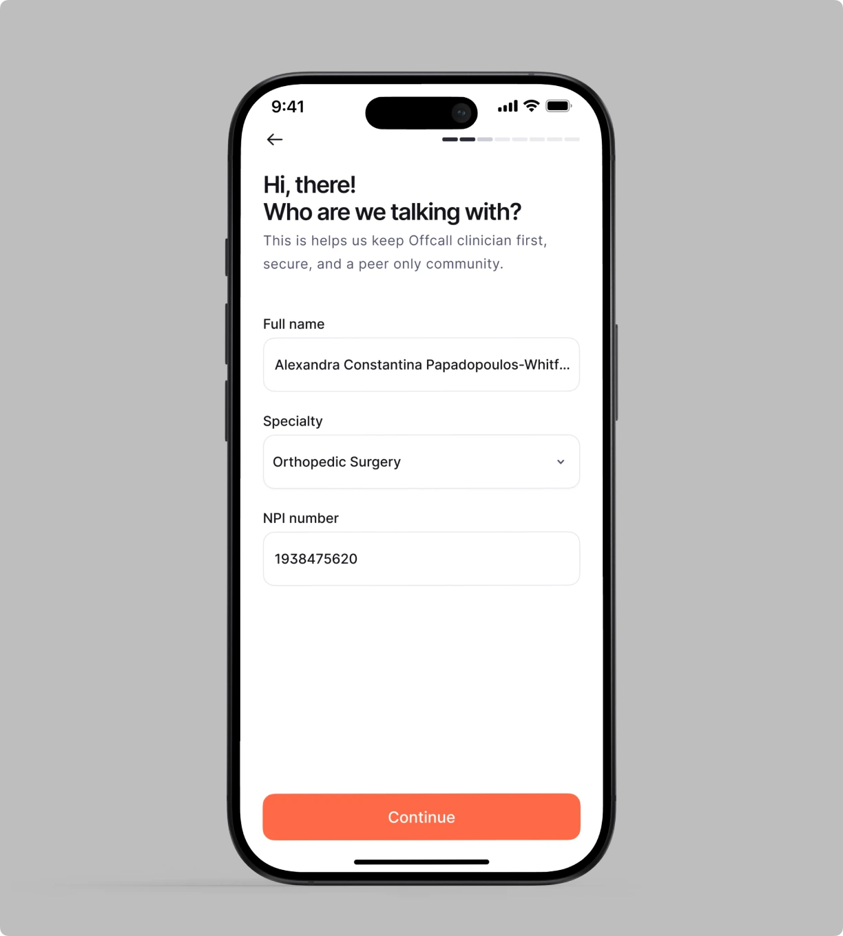 The profile prefilled from the registry, name, specialty and NPI, each editable.