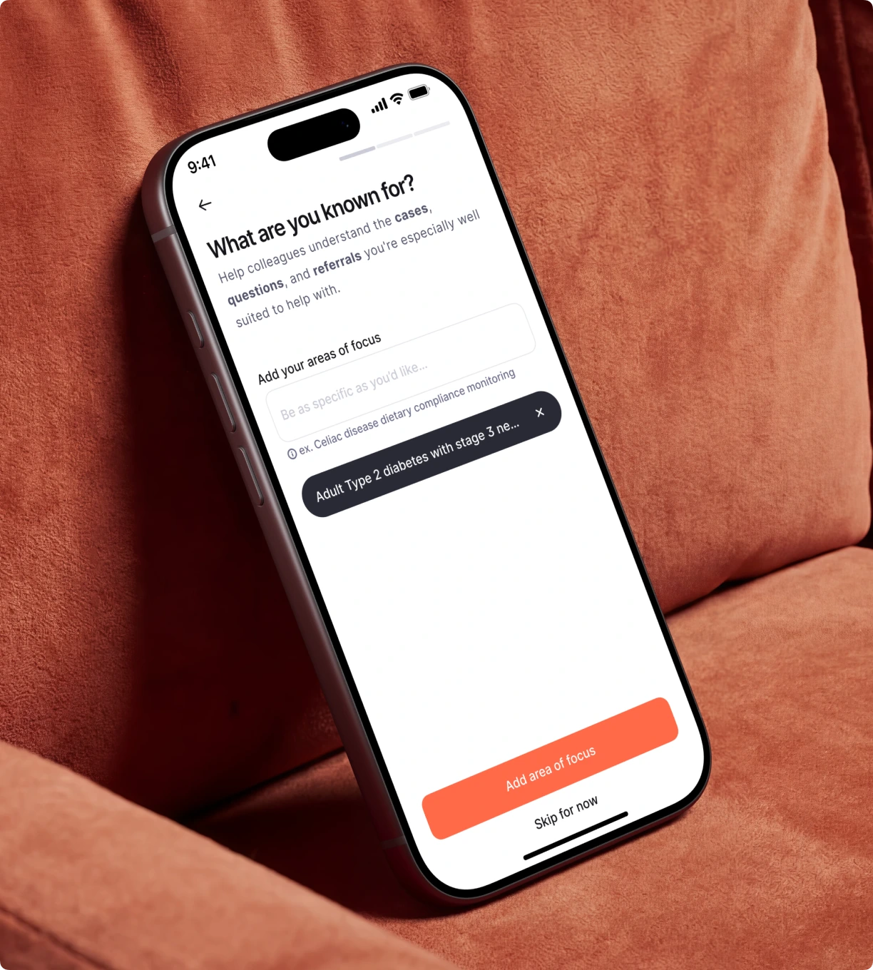 Onboarding: add your areas of focus, or skip for now.