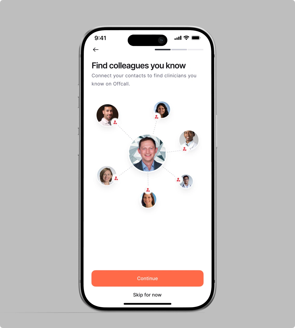 Onboarding: connect your contacts to find colleagues on Offcall.