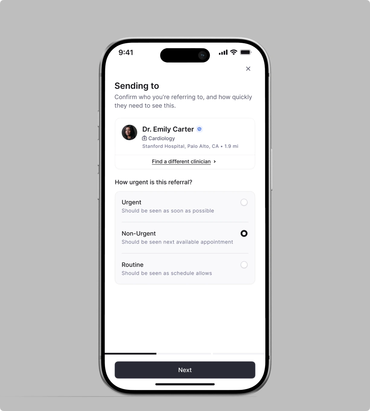 Sending a referral: confirm the recipient and how urgent it is.
