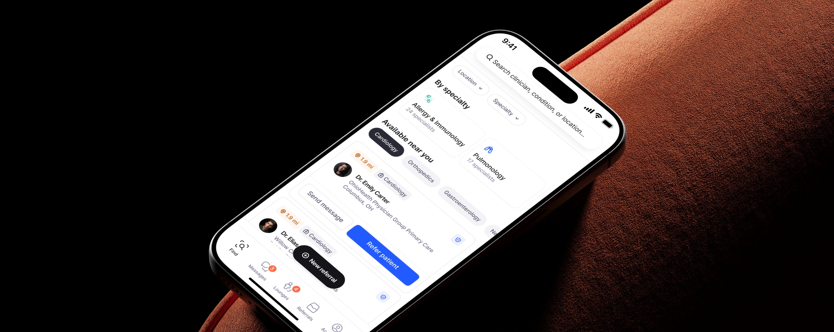 Offcall’s Find tab on an iPhone: specialists near you, by specialty.