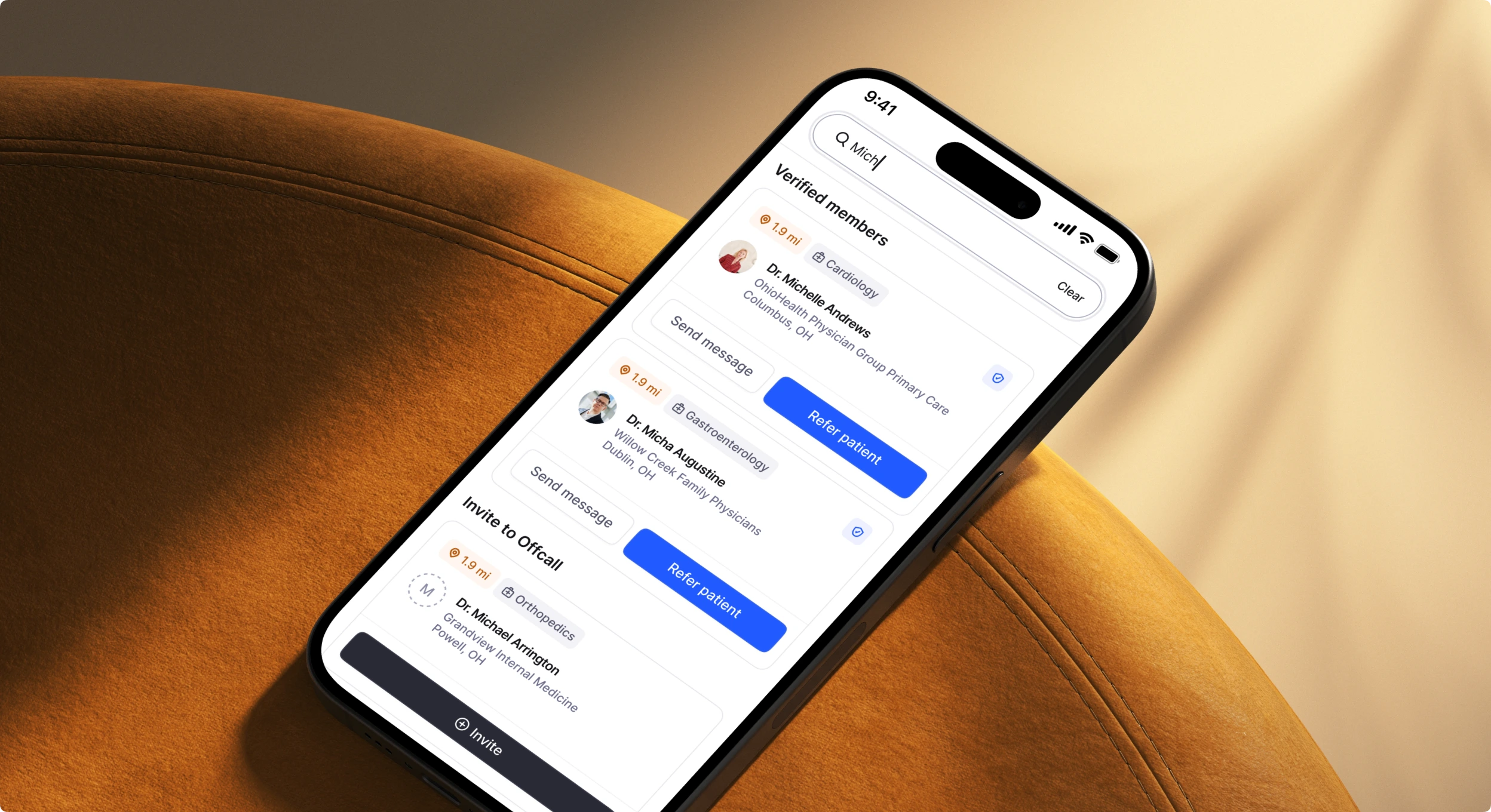 Search results: verified members first, then clinicians to invite to Offcall.
